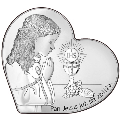 Srebrny obrazek pamiątka pierwszej komunii św. dla dziewczynki