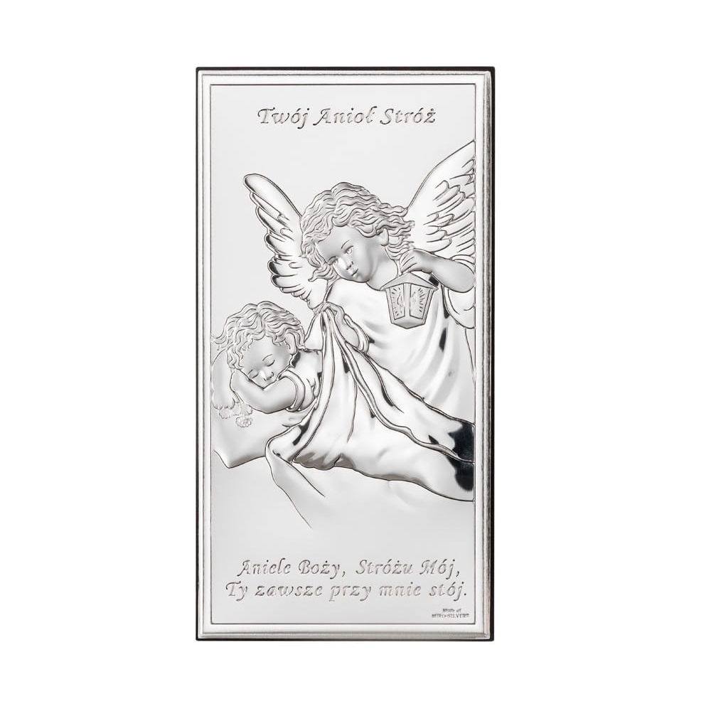 Srebrny obrazek na chrzest św. - Aniołek Nad Dzieciątkiem
