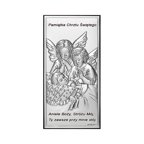 Srebrny obrazek na chrzest św. - Aniołki Nad Dzieciątkiem